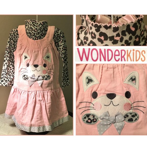 WONDERKIDS Pink Corduroy Kitty Jumper with Matching Cheetah Print Shirt … - Picture 1 of 14